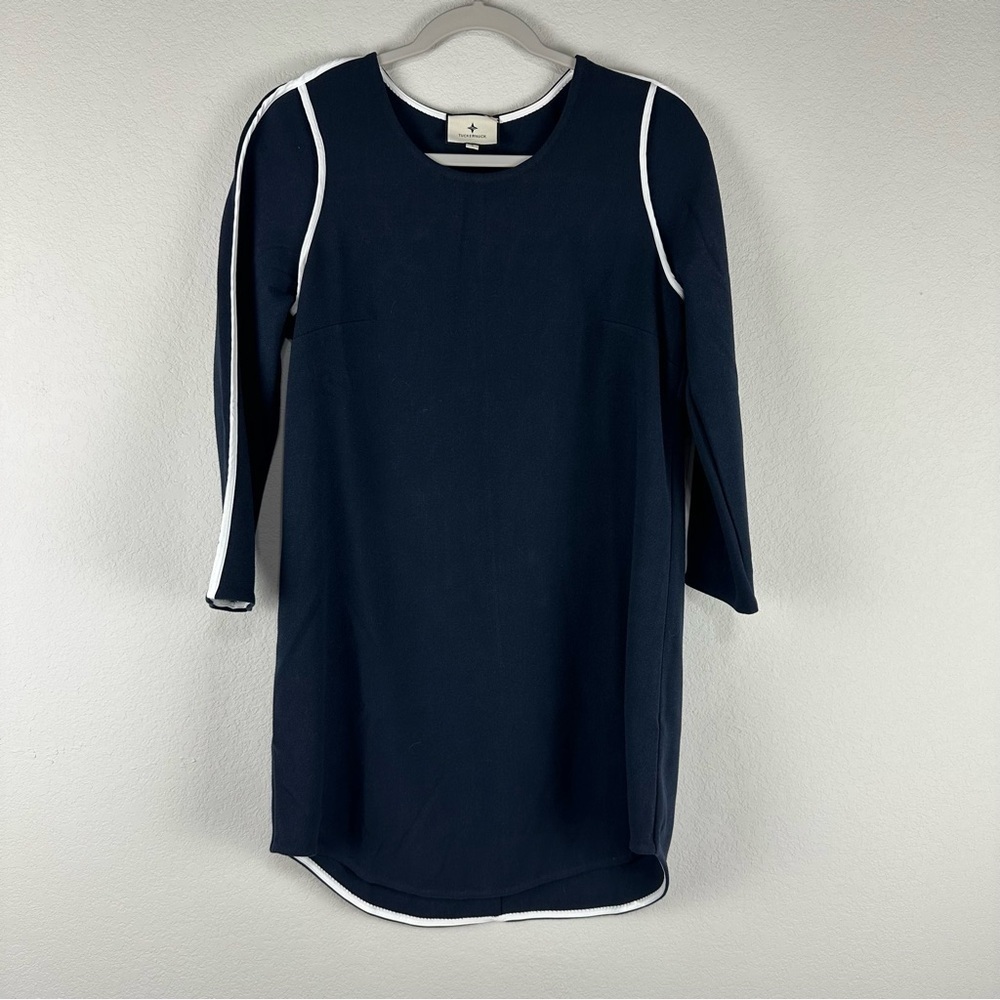 Tuckernuck Dark Blue White Seamed Shift 3/4 Sleeves Causal Dress Size Small